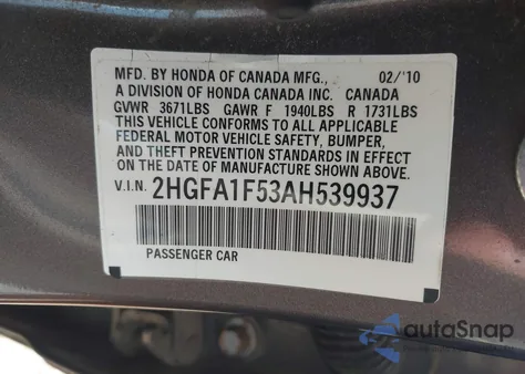 2010 Honda Civic Lx from USA, damaged, VIN 2HGFA1F53AH539937